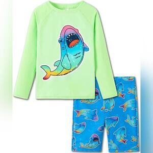 NWT UMELOK Boy's Rash Guard Swim Set, Neon Rainbow Shark, 4T